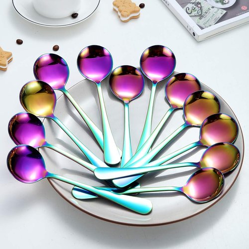 Berglander Rainbow Soup Spoons, 12pc Stainless Steel Titanium Plated, Multicolor Round, Easy To Clean, Dishwasher Safe