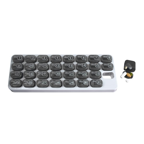 Monthly Med Organizer with 31 Daily Removable Pill Pods for Home, Work, Travel, Numbered Pillboxes for Supplements & Vitamins (Grey)