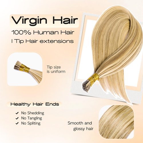 MioYio I Tip Hair Extensions Human Hair 30G/Pack Virgin Hair Itip Human Hair Extensions Dark Blonde to Highlighted Blonde Pre Bonded I Tip Real Hair Extensions Long Straight #18/613 22Inch