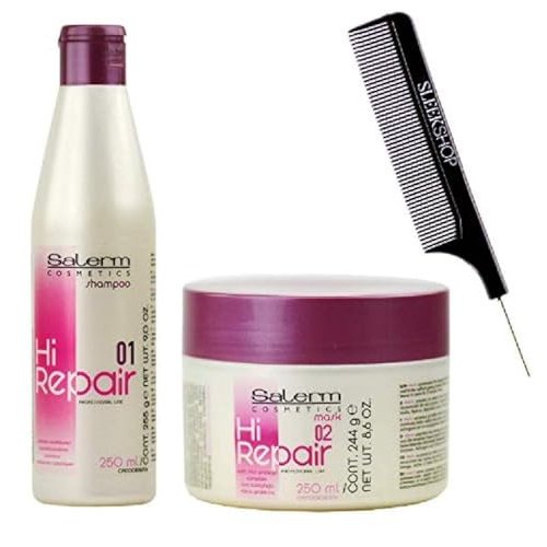 Kuss comb + 𝐒𝐚𝐥𝐞𝐫m HI REPAIR Shampoo & Mask Conditioner DUO SET, High Repair Damaged Hair for Strong, Full Bodied Shine Softness (W/Comb) Masque (250 ml (9 oz) + 250 ml (9 oz) - DUO KIT)
