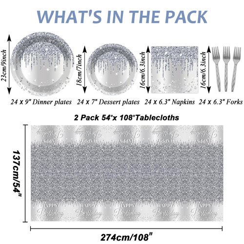98 Pieces Silver Happy Birthday Decorations for 24 Guests Diamonds Silver Glitter Birthday Party Plates and Napkins Tablecloths Silver Birthday Tableware Set Baby Shower Wedding Party Favors