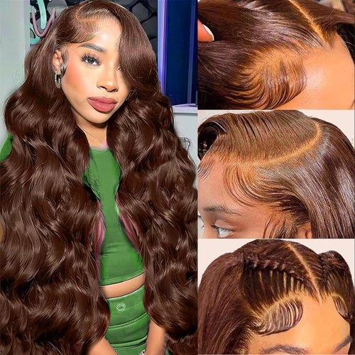 Chocolate Brown Body Wave Lace Front Wigs Human Hair 13x4 HD Lace Frontal Wigs Pre Plucked with Baby Hair 180% Density Light Brown Wigs Brazilian Virgin Human Hair Lace Front Wigs for Women 24 Inch