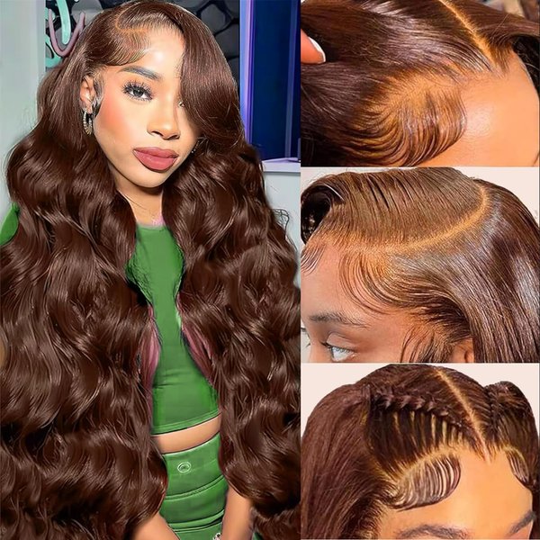 Chocolate Brown Body Wave Lace Front Wigs Human Hair 13x4 HD Lace Frontal Wigs Pre Plucked with Baby Hair 180% Density Light Brown Wigs Brazilian Virgin Human Hair Lace Front Wigs for Women 24 Inch
