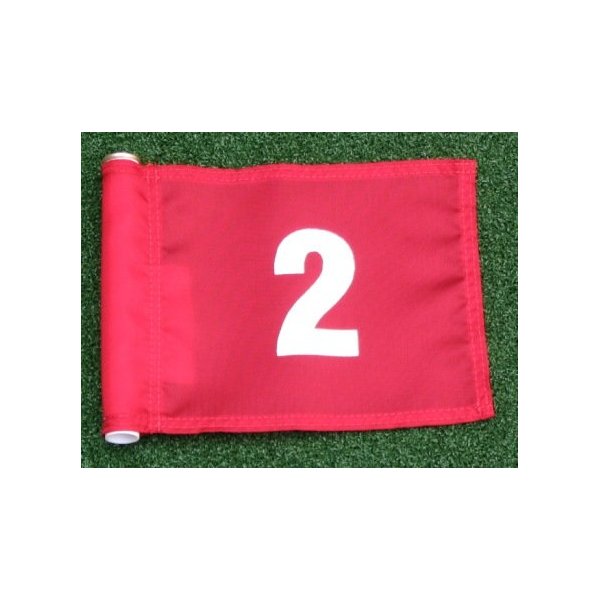 ShopTJB White Numbered #2 Printed on a Solid Red Jr. (8" L x 6" H) 400 Denier Pin Marker Flag for Golf & Putting Green Applications