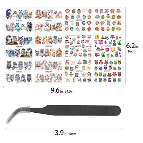 CAIRIAC Owl Nail Art Stickers Self-Adhesive Decals for Nail Art, Nail Wrap Stickers for Women Girls Gift, Cute Owls Nail Art Accessories Stickers Water Transfer Decals (12 Sheets)