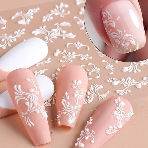 4 Sheets Flower Nail Art Sticker Decals - 5D Stereoscopic Embossed Acrylic Nail Stickers Self-Adhesive Nail Art Supplies White Lace Retro Floral Nail Designs DIY Manicure Decoration for Women Girls