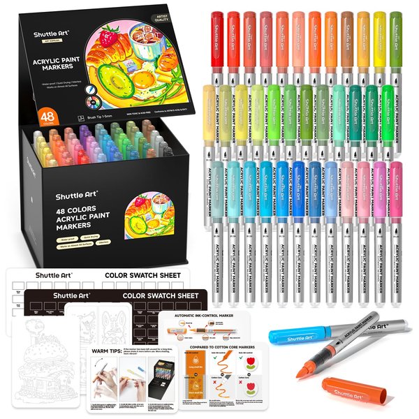 Shuttle Art Automatic Ink Control Acrylic Paint Markers, 48 Colors Brush Tip Acrylic Paint Pens for Rock Painting, Ceramic, Wood, Canvas, Glass, Stone, Fabric, Card Making, DIY & Art Supplies