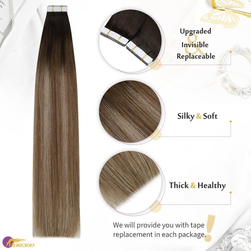 Moresoo Tape in Hair Extensions Human Hair,16 Inch 10 Pcs 25 Gram,#4/10/16 Brown to Gold Brown with Golden Blonde, Seamless Hair Extensions Fashion