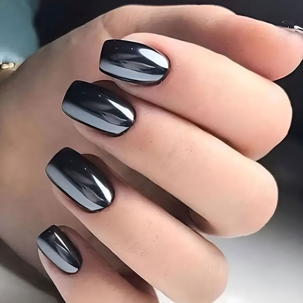 Black Chrome Press On Nails Short Square, Black Mirror Chrome Glossy Fake Nails, Acrylic Full Cover False Nails, Nail File And Adhesive Tabs Included, Stick Glue On Nails for Women Girls