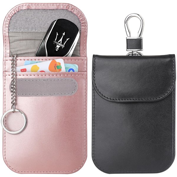 Teskyer Faraday Key Fob Protectors, Super Signal Shielding Anti-Theft Faraday Bags, Car RFID Signal Blocking Pouch, 2 Pack Small Size 3.3" x 4.7", Black & Rose Gold