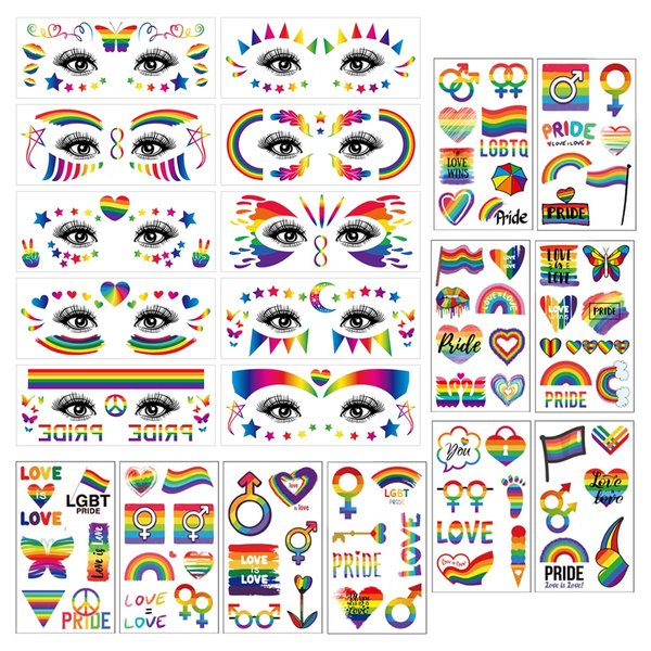 20 Sheets Pride Day Rainbow Temporary Tattoo Sticker LGBT Gay Pride Fake Tattoos Face Eye Sticker Waterproof Removable Heart Love Stripes for Body Art Parades Celebrations Festival Party Supplies