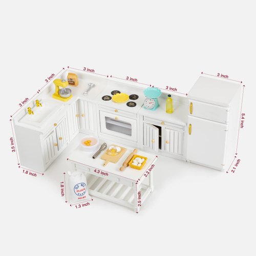 Keldoner Wooden Dollhouse Furniture 1 12 Scale, Doll House Furniture Toys for Dollhouse Kitchen Incl Cabinets Kitchen Island Refrigerator Stand Nixer, Miniture House Furniture and Accessories