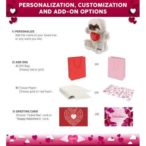 DolliBu I Love You Valentine Plush Sloth Hand Puppet - Cute Stuffed Animal with Red Heart and Name Personalization Gift for Valentines Day, Birthday, Anniversary - 9.5 Inches