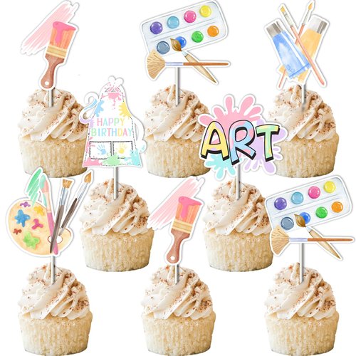 Art Birthday Party Decorations Girl - 24pcs Art Paint Party Cupcake Toppers, Pastel Rainbow Art Birthday Party Cake Decor for Crayon Painting Drawing Artist Birthday Party Supplies