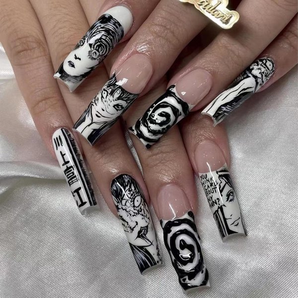24Pcs Square French Tip Press on Nails Long Fake Nails Punk Cartoon Anime Design Nail Art Supplies Black White Full Cover Coffin False Nails Glue on Nails for Women Girls Manicure Decoration Decor