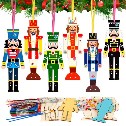 Fennoral 12 Pack Wooden Christmas Nutcracker Crafts for Kids Make You Own Nutcracker Wind Chime DIY Coloring Craft for Christmas Tree Hanging Decorations Ornaments Christmas Party Decoration