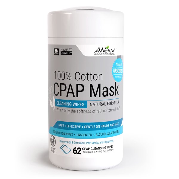 AWOW CPAP Wipes for Mask Cleaning - CPAP Accessories for daily CPAP Cleaning, Unscented 100% Cotton, Make CPAP Mask Cleaning easy with Regular CPAP or BiPAP Mask Maintenance, 62 Wipe Canister