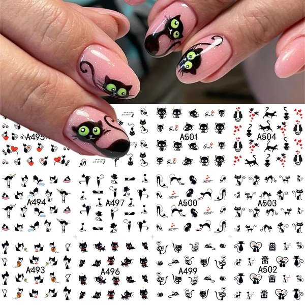 12Pcs Black Cats Nail Stickers for Nail Art, LPOODDNU Halloween Cat Nail Art Stickers Cute Cartoon Animal Sliders for Nails Love Heart Water Transfer Nail Decals for Women Nail Art Decorations