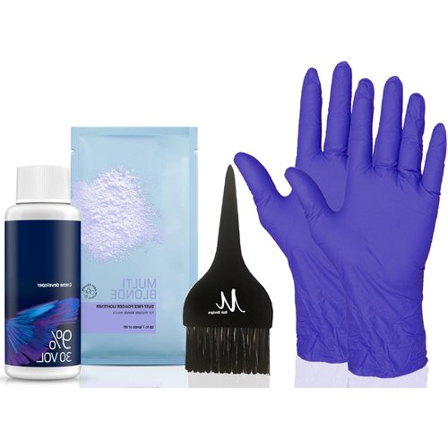 Blondor Multi Blonde Lightening Powder Blondor Bleach Powder 30 grams, Welloxon Perfect Developer Koleston Perfect Developer 30 Volume 2 oz, Pair of Gloves and M Hair Designs Tint Brush Black (Bundle)