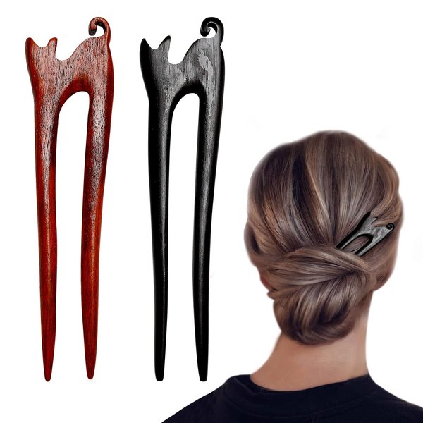 2 Pcs Sandalwood Cat Hairpin Retro Style Palace Hair U Shape French Hair Pin Handmade Carved Hair Fork Wooden Hair Sticks Hair Sticks for Long Hair Chopsticks for Hair Accessories with Cute Design