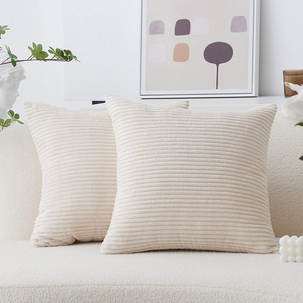 Home Brilliant Couch Pillow Covers Decorative Throw Pillows Set of 2 Striped Corduroy Plush Velvet Pillowcases Cushion Cover for Couch, 18x18 inch, Cream Cheese