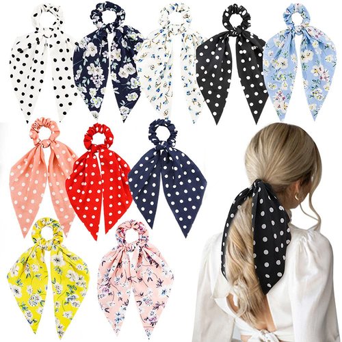 NAIHOD 10Pcs Hair Scarf Scrunchies Floral Chiffon Hair Ribbon Polka Dots Hair Scrunchie Cute Scrunchy for Girls Women Teenage Elastic Hair Bands with Bowknot Ponytail Holder