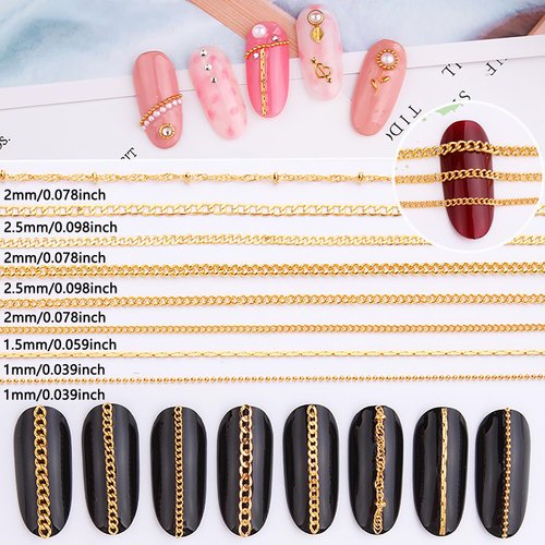 JERCLITY 8 Strips 19.7in Gold Nail Chains for Nail Art 3D Gold Nail Charms Metal Nail Art Chains Punk Nail Studs Jewelry Accessories for Women Nail Art