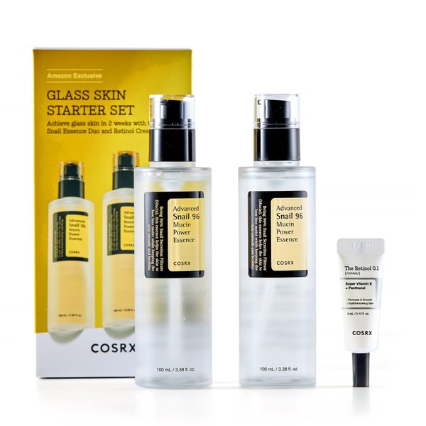 COSRX Glass Skin Starter Set, Advanced Snail 96% Mucin Power Essence (3.38 fl.oz*2) & Retinol 0.1% Cream Mini Sample (0.1 oz), Daily Hydrating & Firming Korean Skin Care Kit for Beginners, Gift Set