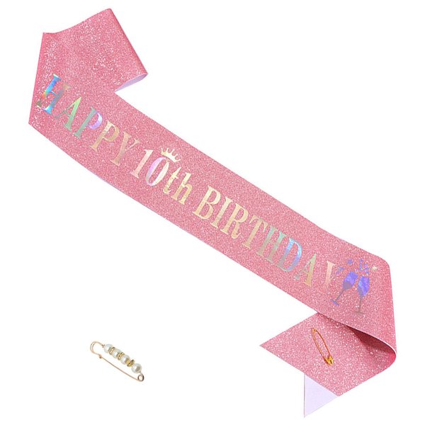 ZHBDPaty “Happy 10th Birthday” Sash for Girls Pink Sash with Silver Foil Letter,10 Birthday Sash for Girl Birthday Gifts Party Decorations Favors