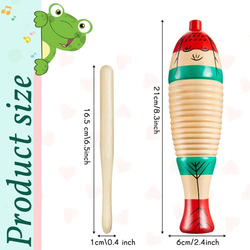 2 Pieces Colorful Fish Shaped Guiro Instrument Latin Percussion Musical Instruments Wooden Frog Instrument Musical Percussion Instruments for Adults Kids with Rhythm Sticks