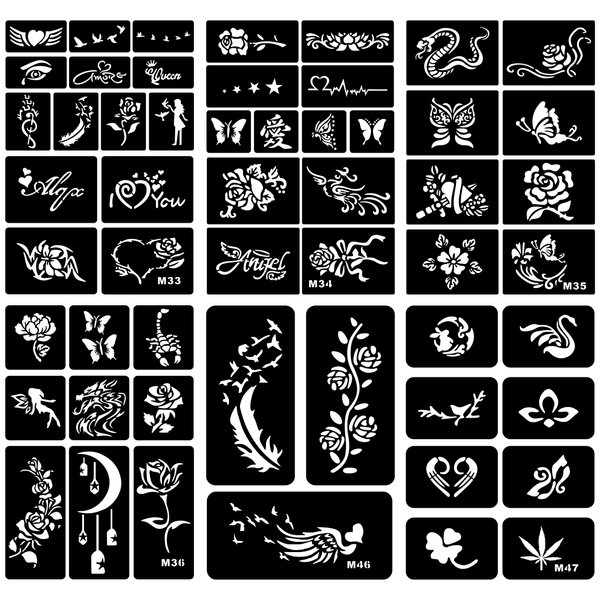 6 Sheets Temporary Tattoo Stencils Kit - Henna Stencils Set for Kids and Adults, Featuring Flowers, Snakes, Hearts, and Feather Patterns - Ideal for Birthday, Halloween, Christmas Party Favors