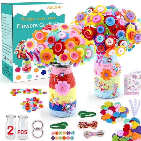 Crafts for Girls Ages 4-12 Gift Make Your Own Flower Bouquet with Buttons Felt Flowers, Graduation Gifts Vase Art and Craft for Children - DIY Activity for Boys & Girls Age 6 7 8 9 10 11 12 Year Old