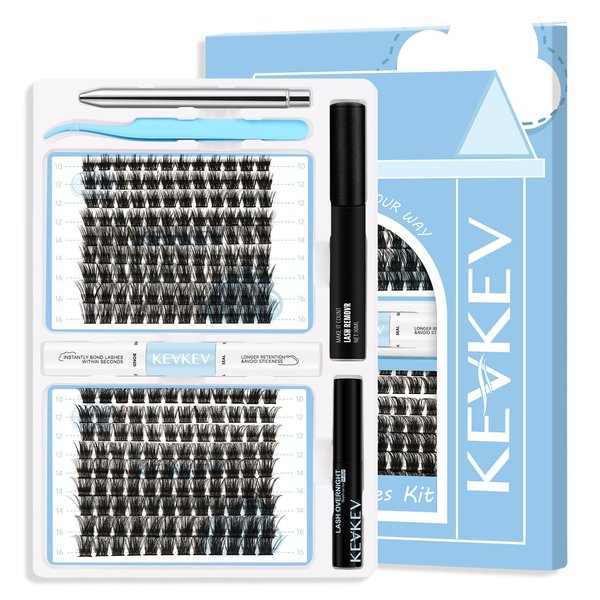 KevKev DIY Lash Extension Kit Eyelash Extension Kit 2 Styles Lash Clusters Kit with 216 Pcs Individual Cluster Lashes Lash Bond and Seal Eyelash Remover Lash Overnighter (Cloudy+Morning, 10-16Mix)