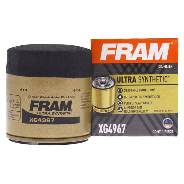 FRAM Ultra Synthetic Automotive Replacement Oil Filter, Designed for Synthetic Oil Changes Lasting up to 20k Miles, XG4967 with SureGrip (Pack of 1)