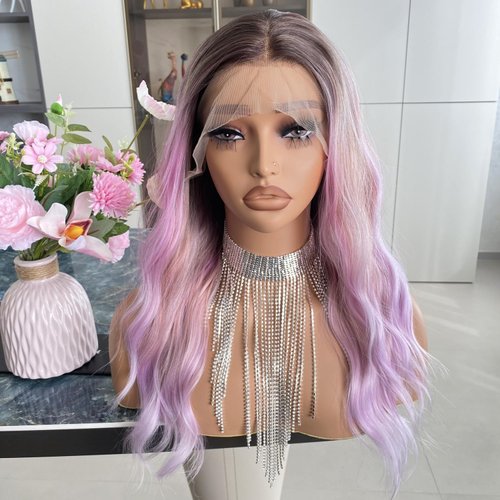 Carkira Colorful Multi Color Rainbow Wig 13x4 Pink Purple Lace Front Wigs Synthetic Cosplay Pastel Lavender Color Wigs 18Inch Loose Wavy Pre Plucked for Women Girls