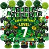 Video Game 7th Birthday Party Decorations Green Black Happy Birthday Level 7 Banner Backdrop Honeycomb Centerpieces Hanging Swirls Tissue Paper Pompoms Kit for Boy 7 Years Old Game Controller Supplies