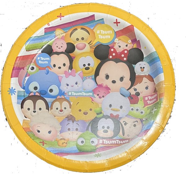 Tsum Tsum Birthday Party Supplies Bundle Pack includes 16 Dessert Cake Paper Plates 7", 16 Paper Napkins, 1 Plastic Table Cover