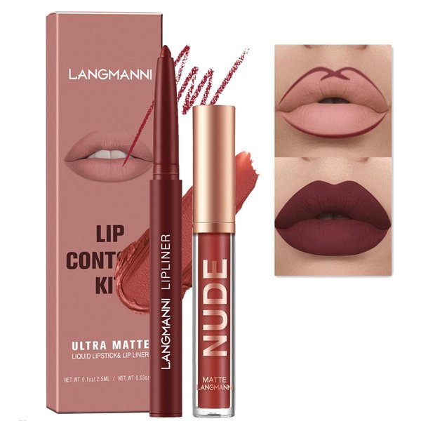 2Pcs Lip Liner and Lipstick Set, Matte Creamy Lip Liner Natural Lipstick One Step Lips Makeup Kits, Pigment Velvety Nude Lip Stain Waterproof Long Lasting Lip Gloss Make up Gift Set (#06)