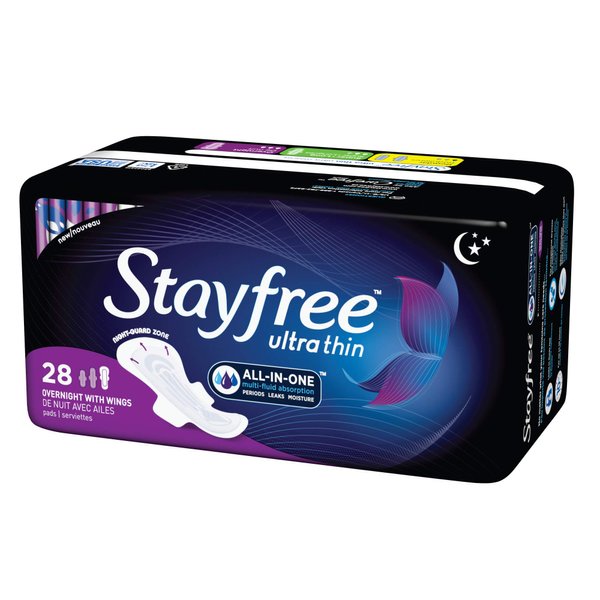 Stayfree Ultra Thin Overnight Pads with Wings, For Women, Reliable Protection and Absorbency of Feminine Moisture, Leaks and Periods, 28 Count