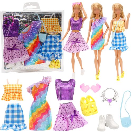 Miunana 8 PCS Girl Doll Clothes and Accessories Including 3 Sets Fashion Casual Party Dresses 1 Pair of Flat Shoes High Heels Bag Glasses with Necklace DIY Stickers for 11.5 Inch Girl Dolls