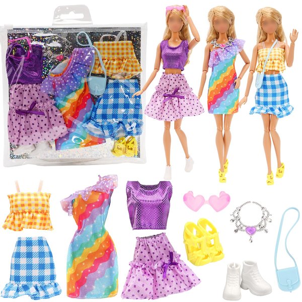 Miunana 8 PCS Girl Doll Clothes and Accessories Including 3 Sets Fashion Casual Party Dresses 1 Pair of Flat Shoes High Heels Bag Glasses with Necklace DIY Stickers for 11.5 Inch Girl Dolls