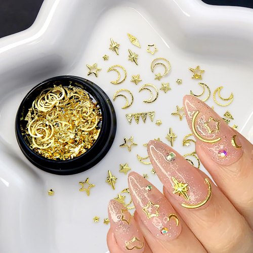 2 Box Gold Star Moon Nail Charms Nails Art Studs 3D Metallic Star Moon Nails Studs Rhinestones Star Nail Jewelry Decoration Supplies Kit for Women Girls Acrylic DIY Nail Art Accessories