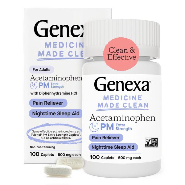 Genexa Acetaminophen PM 500mg Extra Strength for Adults | PM Pain Reliever & Nighttime Sleep Aid with Diphenhydramine HCL 25mg | Non-GMO | Medicine Made Clean | 100 Caplets