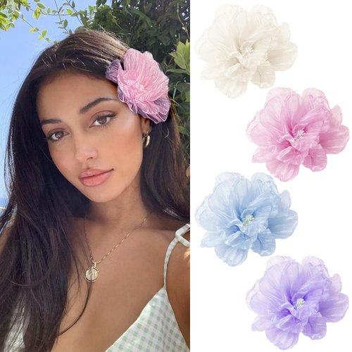 4Pcs Hawaiian Flower Hair Clips for Women,Rose Hair Clips Hair Barrettes 3.5 Inch Artificial Flower Clips,Hair Accessories for Vacation Beach Party, Boho Clips Hairpin for Girls Wedding