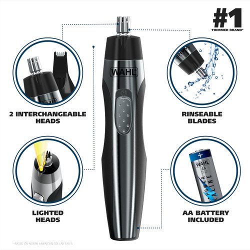 Wahl Lighted Battery Nose Hair Trimmer for Men & Women. Painless, Easy to See Nose, Ear, and Eyebrow Trimming with Built in Light, Battery Included. – Model 3023283