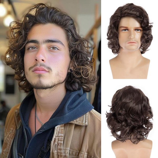 Baruisi Mens Short Curly Brown Wig Handsome Synthetic Full Wigs Natural Halloween Cosplay Costume Hair Wig