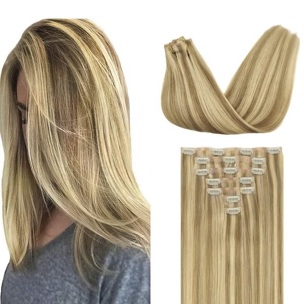 GOO GOO Clip in Hair Extensions Real Human Hair, 16inch 110g 7Pcs, 16/22 Light Blonde Highlighted Golden Blonde, Remy Human Hair Extensions Clip ins for Women, Natural Human Hair