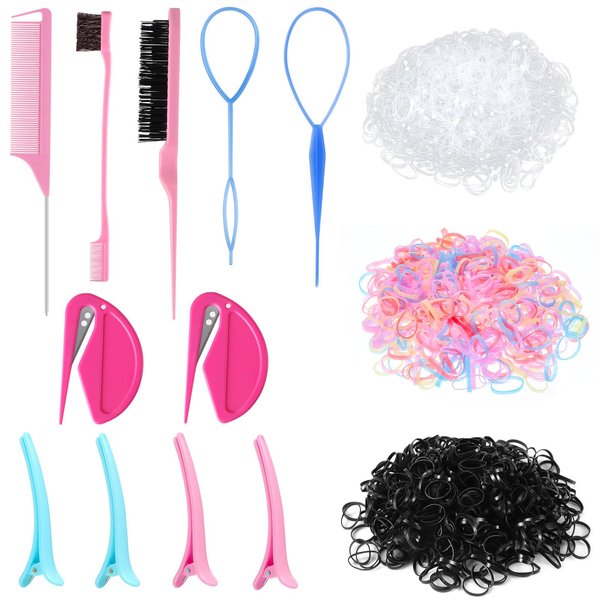Colorful Mini Rubber Bands for Hair, Rubber Band Cutter for Hair, Topsy Tail Hair Tools, etc. Elastic Hair Ties with Styling Hair Tools for Baby Girls Women