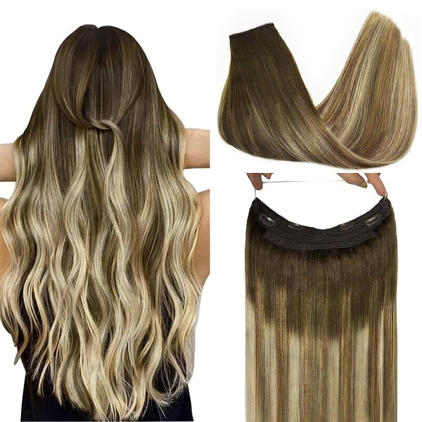 GOO GOO Wire Hair Extensions Human Hair, 16inch 95g Brown to Ash Brown and Bleach Blonde, Invisible Wire Hair Extensions with Transparent, Seamless Fish Line Hairpiece, Straight Remy Hair Extensions