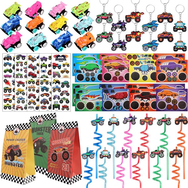Monster Truck Party Favors Serve 12 including Drinking Straws, Mini Pull Cars, Keychains, Gift Bags, DIY Stickers, Temporary Tattoos, Monster Truck Party Supplies for Kids, Boys, Birthday